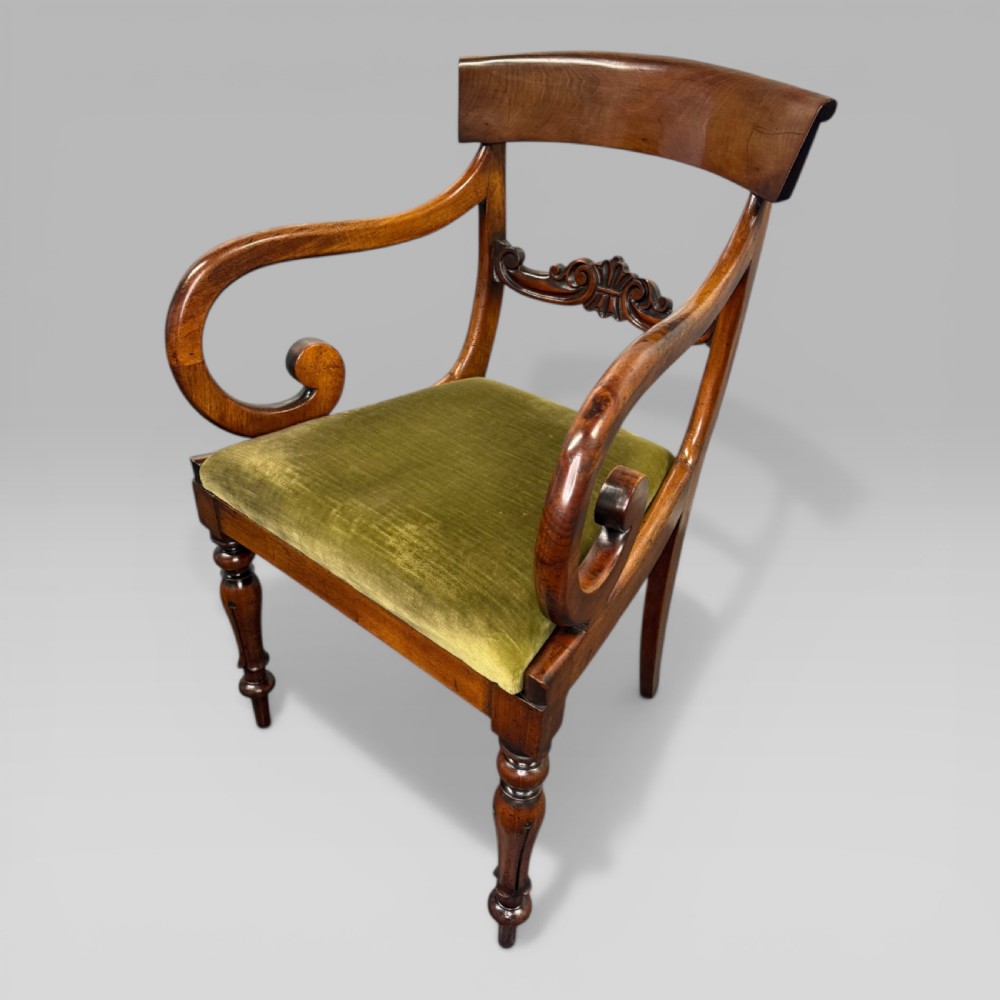 Antique William IV Mahogany Elbow Chair with Green Upholstered Seat