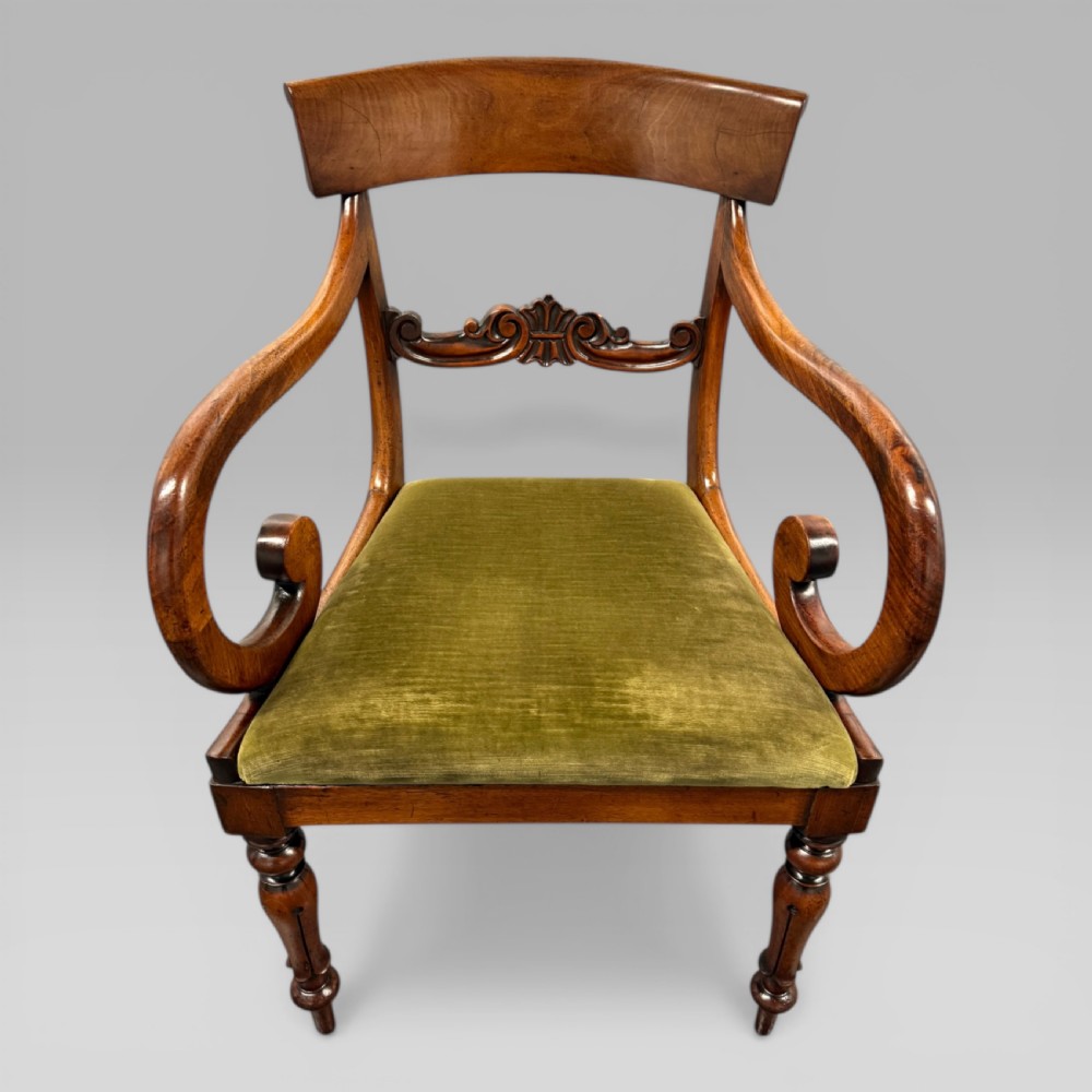 Antique William IV Mahogany Elbow Chair with Green Upholstered Seat View II