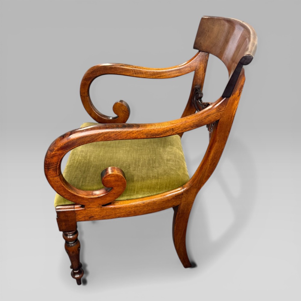 Antique William IV Mahogany Elbow Chair with Green Upholstered Seat View V