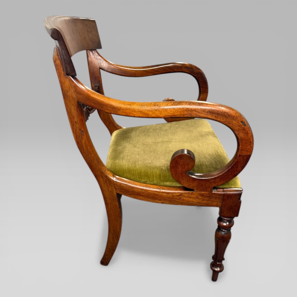 Antique William IV Mahogany Elbow Chair with Green Upholstered Seat View VI