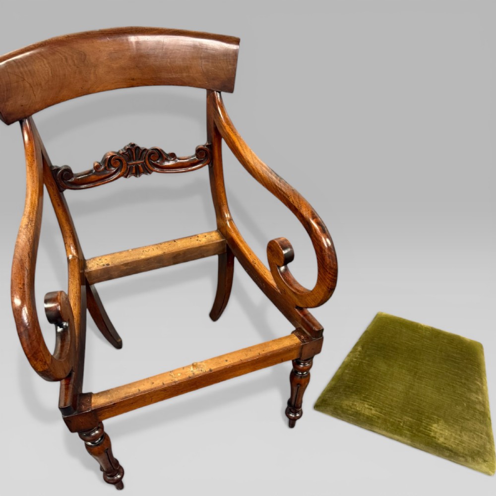 Antique William IV Mahogany Elbow Chair with Green Upholstered Seat View IX