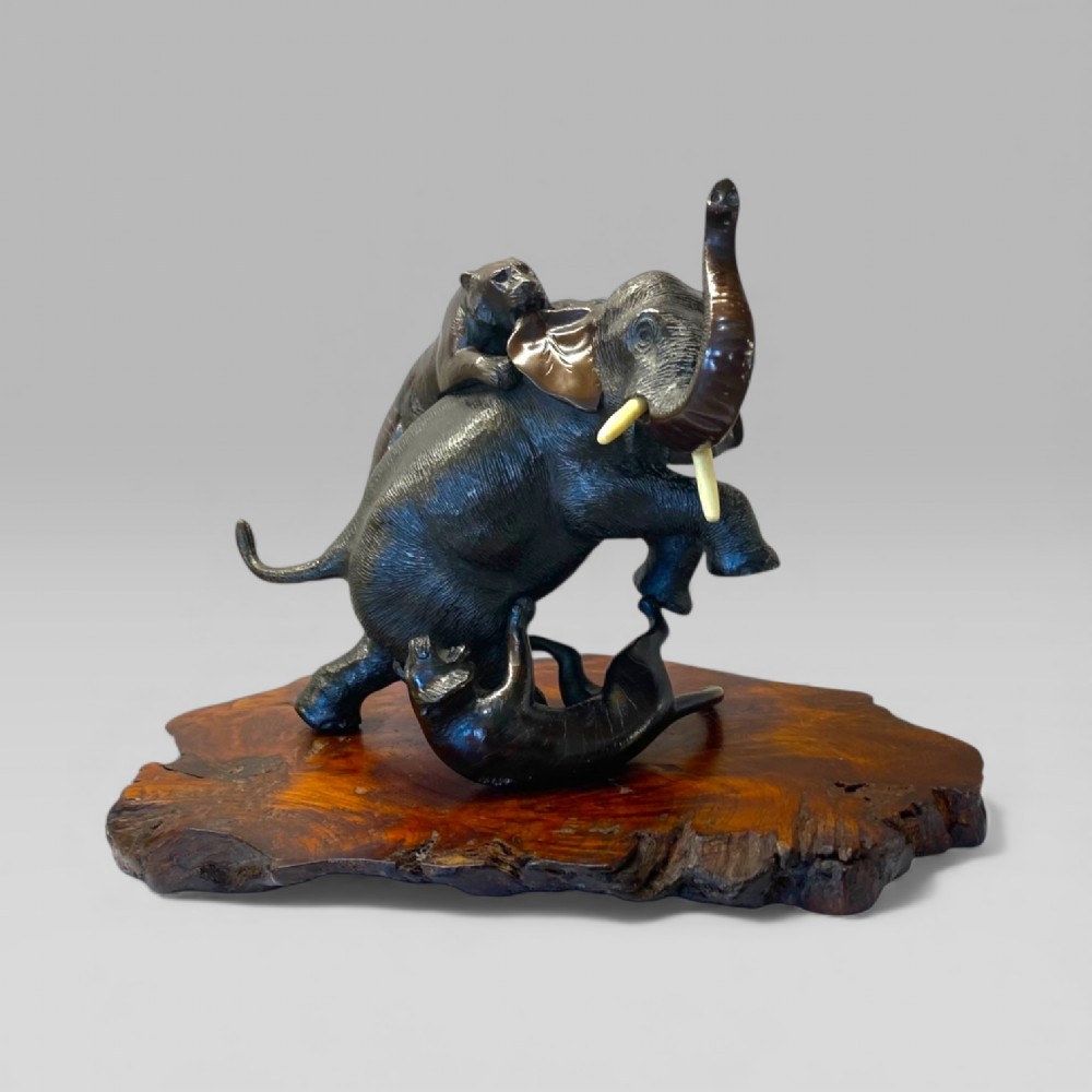 Japanese Meiji Bronze Sculpture Elephant Fighting Tigers By Tsunemitsu 常光