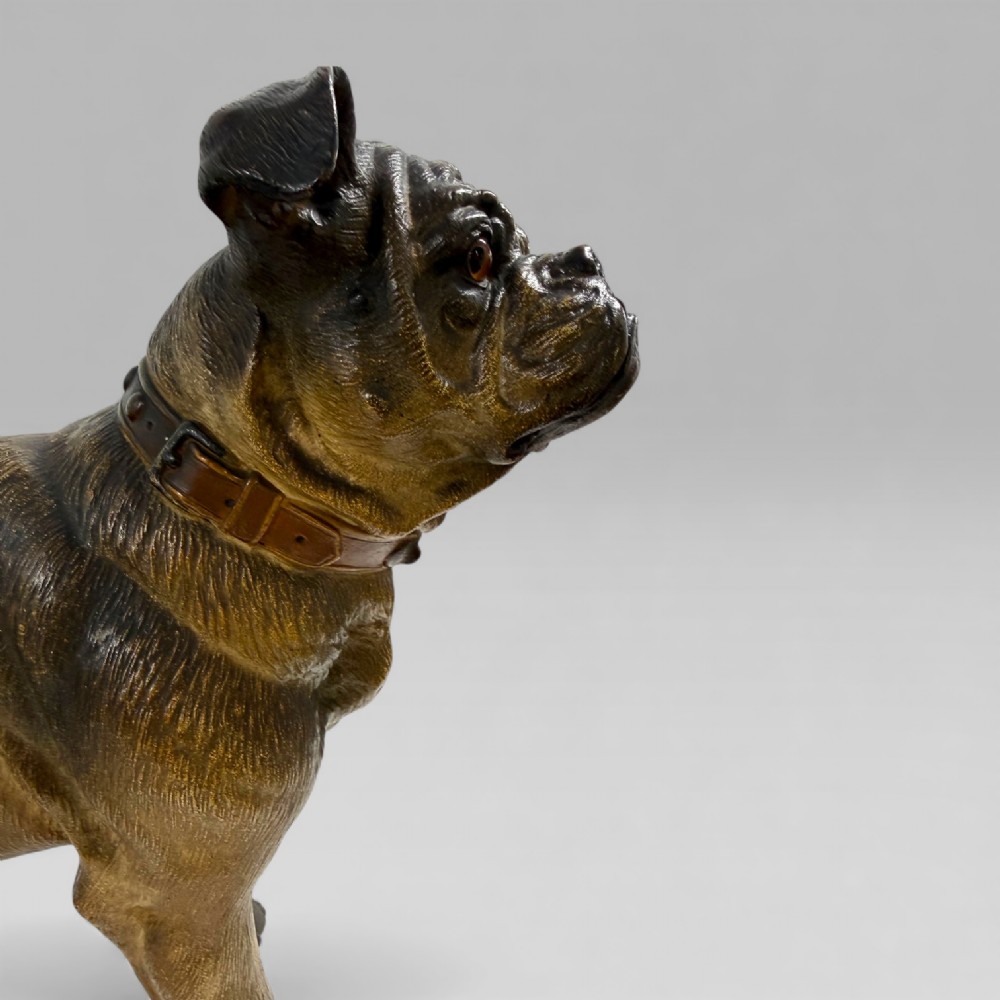 A life-size antique Austrian terracotta sculpture of a standing pug dog with inset glass eyes and a moulded collar. View XIII