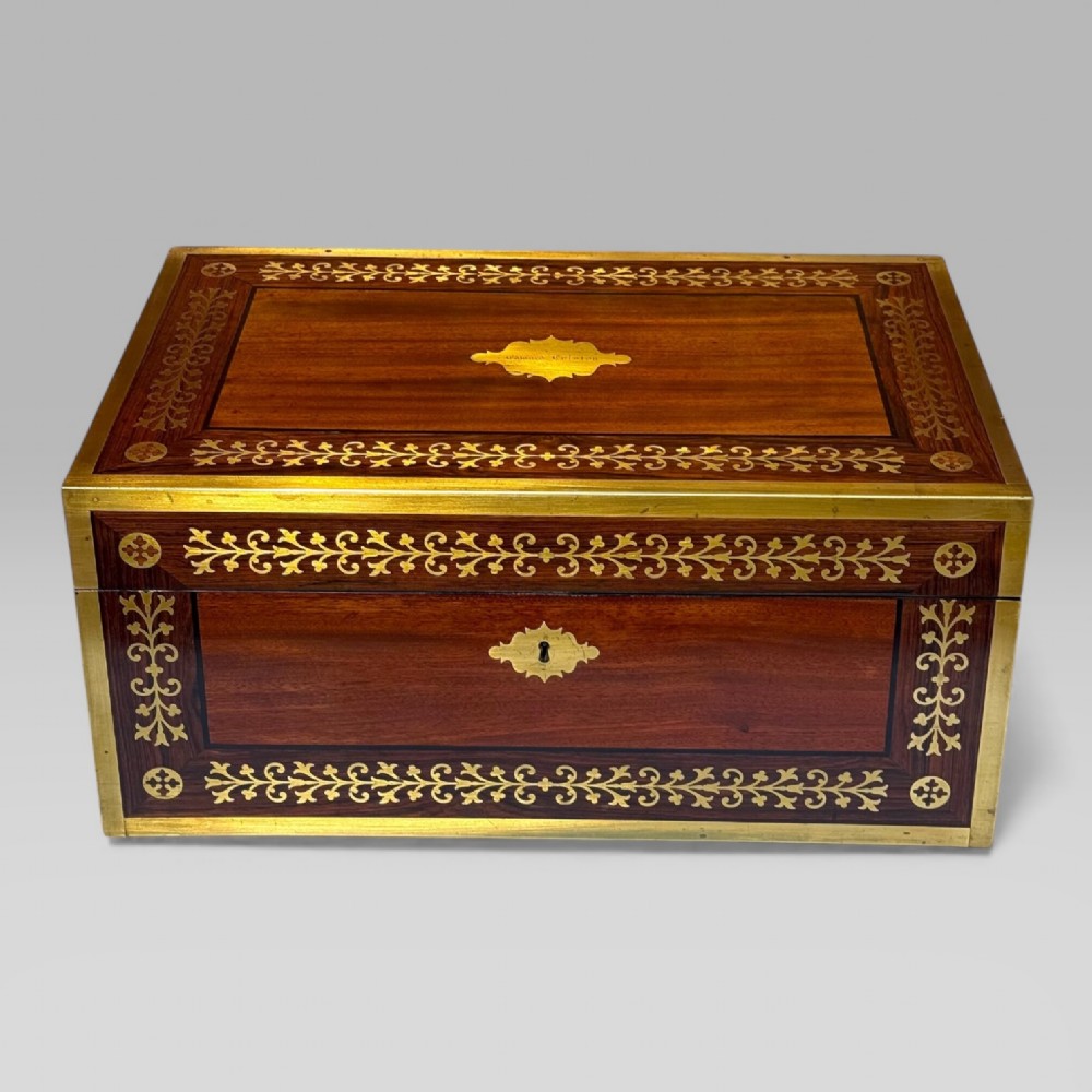 Antique Regency Mahogany & Rosewood Brass Inlaid Campaign Writing Slope Box