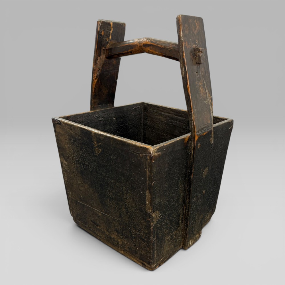 Large Antique Chinese Elm Harvest Basket with Handle