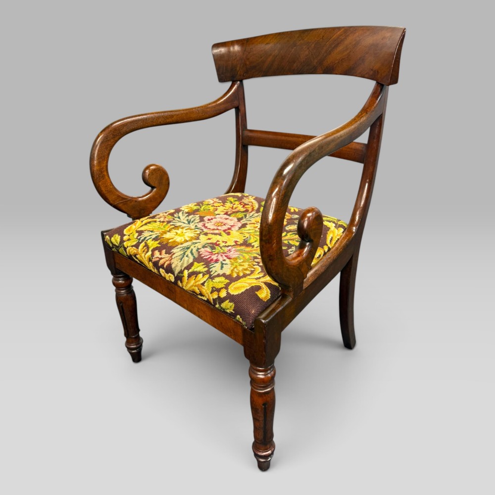 Antique William IV Mahogany Elbow Armchair with Floral Upholstered Seat
