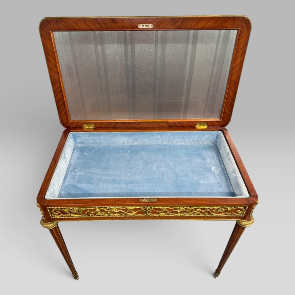 A rectangular French Louis XVI style bijouterie display table featuring a glazed glass top, decorative gilt bronze mounts along the frieze, and slender tapered legs ending in brass sabots. View V