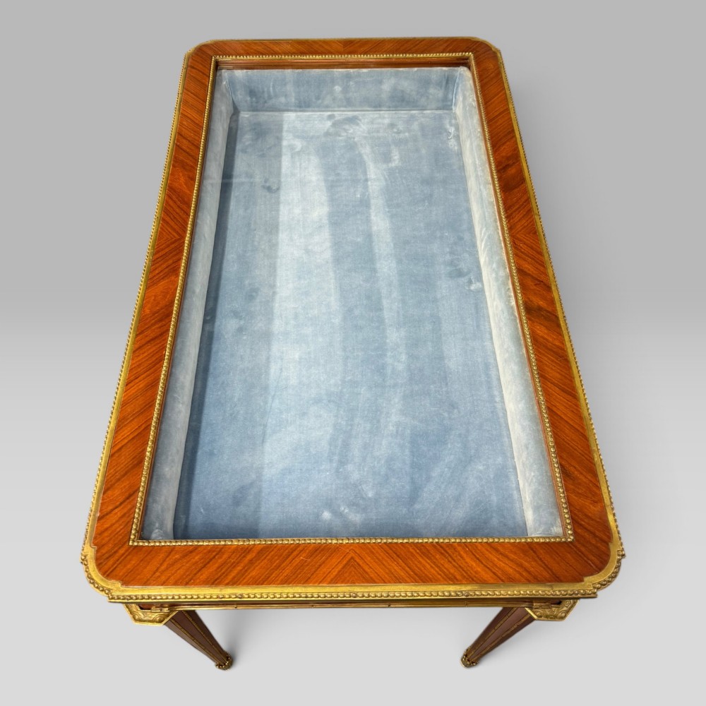 A rectangular French Louis XVI style bijouterie display table featuring a glazed glass top, decorative gilt bronze mounts along the frieze, and slender tapered legs ending in brass sabots. View VII