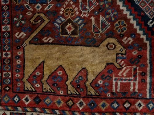 fig 1. ANTIQUE SOUTH WEST PERSIAN LURI OR KHAMSEH GARDEN RUG, LIONS & ANIMALS, SUPERB TRIBAL, 4TH Q 19C