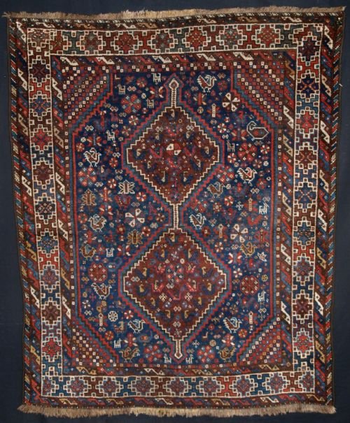 Antique South West Persian Khamseh Rug, Tribal Design, Small Square Size, Circa 1900
