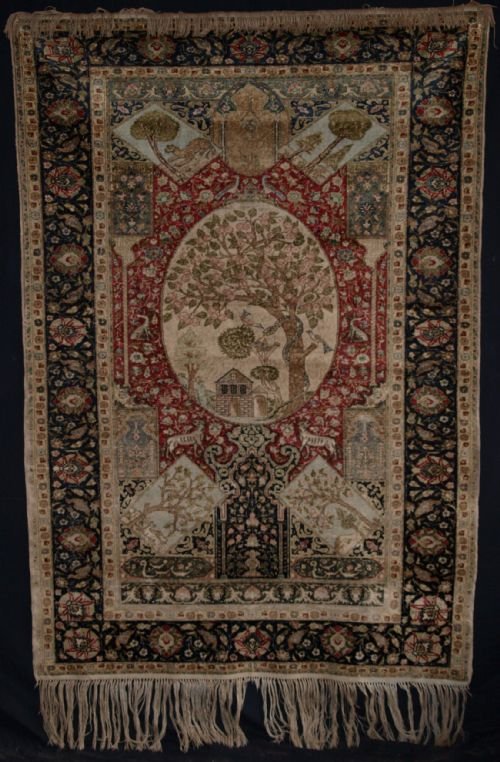Antique Anatolian Turkish Kayseri Pictorial Silk Rug, Beautiful, Late 19th Century
