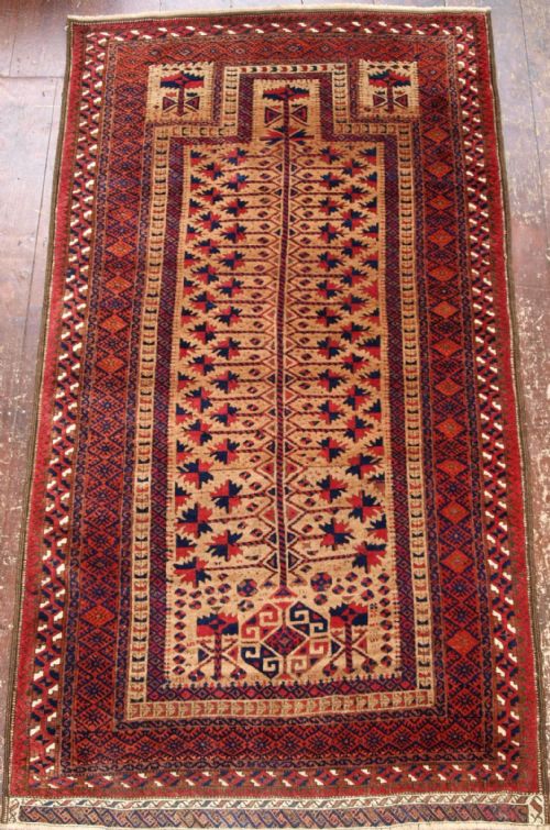 Antique Baluch Camel Ground Prayer Rug, Full Pile, Outstanding, Late 19th Cent