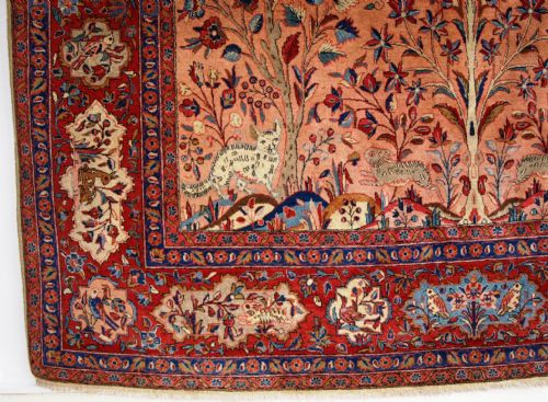 fig 1. ANTIQUE KASHAN CARPET, PARADISE GARDEN, TREE OF LIFE, BIRDS & ANIMALS, SUPERB, CIRCA 1900