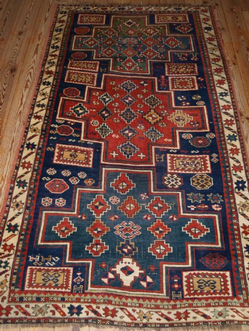 Antique Caucasian 3 Medallion Kazak Rug, Superb Colour, 2nd Half 19th Cent
