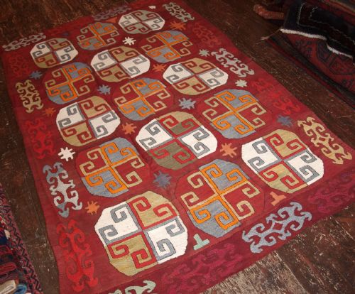 Antique Uzbek Embroidered Flat Weave, British Trade Cloth Red Ground, Late 19th Cent.