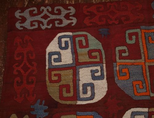 fig 1. ANTIQUE UZBEK EMBROIDERED FLAT WEAVE, BRITISH TRADE CLOTH RED GROUND, LATE 19TH CENT.