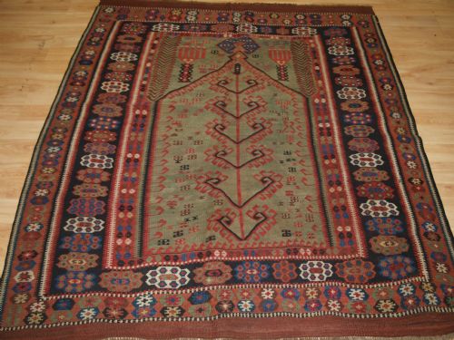 Antique Anatolian Turkish Erzurum Prayer Kilim of Outstanding Design, Green Ground, 2nd Half 19th Century.