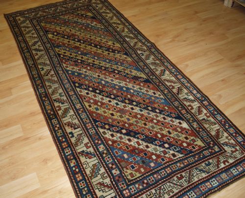 Antique Caucasian Gendje Kazak Long Rug with Stripe Design, Superb Colours, 2nd Half 19th Century.