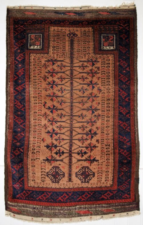 Antique Baluch Camel Ground Prayer Rug with 'Tree of Life' Dated to the Hand Panels, Circa 1900.