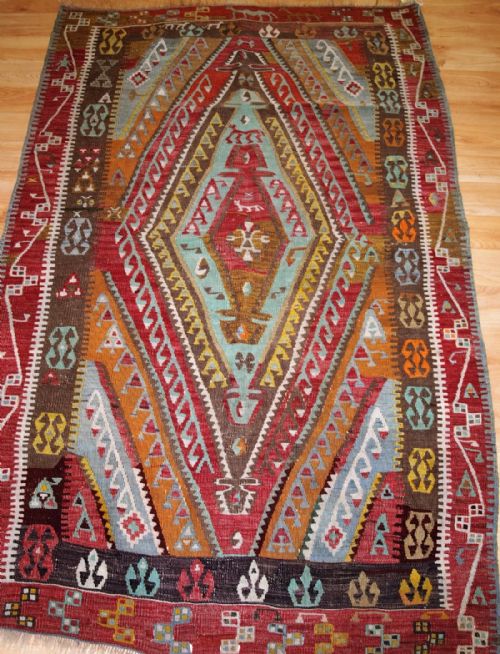 Antique Turkish Kayseri Kilim, Wonderful Colour, Animals and People, Circa 1900.