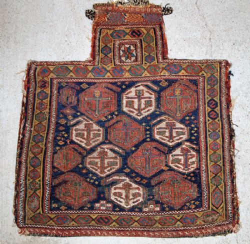 Antique South Persian Afshar Tribe Salt Bag in Soumak Work, Stars and Boteh, Circa 1880.