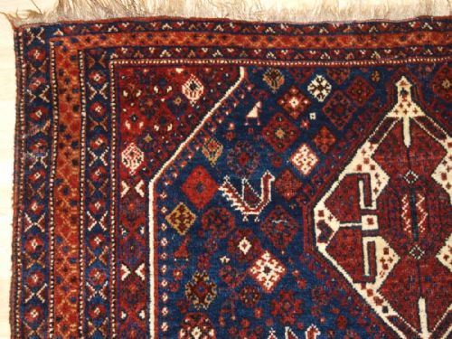 fig 1. ANTIQUE SOUTH WEST PERSIAN TRIBAL RUG, SHIRAZ REGION, MANY TRIBAL DESIGN ELEMENTS, CIRCA 1900.
