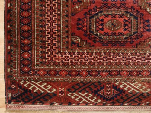 fig 1. ANTIQUE TEKKE TURKMEN RUG, SALOR TURRETED GULS, VERY FINE WEAVE, VELVET LIKE PILE, CIRCA 1900.