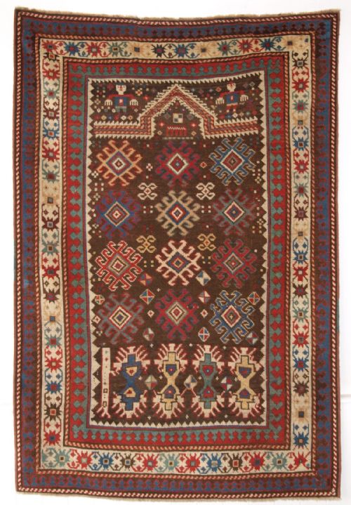 Antique Caucasian Karabagh Region Prayer Rug, Human Figures, Circa 1880.