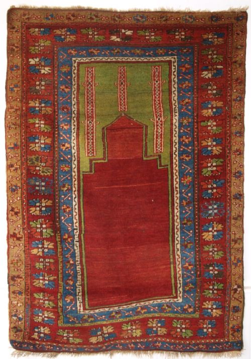 Antique Turkish Konya Region Prayer Rug, Superb Green and Red, Circa 1900.
