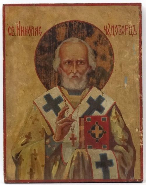 Russian Icon of Saint Nicholas, Tempera and Gesso on Wood Panel, Late 19th Century.