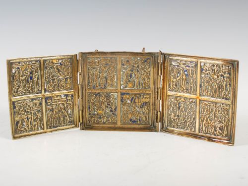 Russian Brass and Enamel Travelling Triptych Icon, 19th Century.