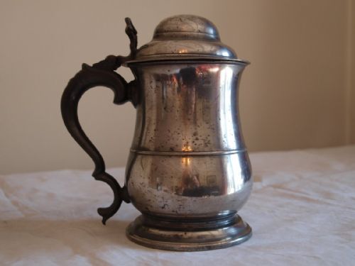 fig 1. ANTIQUE ENGLISH PEWTER LIDDED TANKARD, OLD ENGLISH WINE STANDARD QUART, C1780. 
