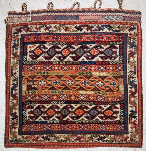 Antique Persian Tribal Qashqai Bag Face, Stunning Banded Design, Great Colours, Plain Weave Back, Circa 1900