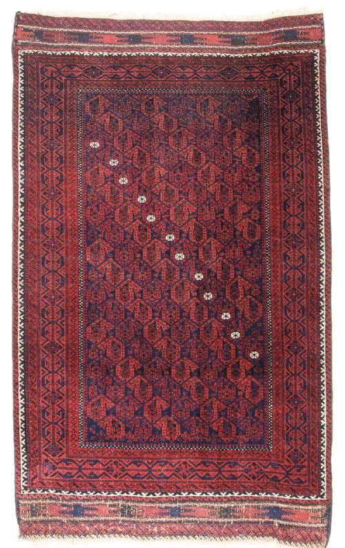 Antique Baluch Rug with Boteh Design, Diagonal Row of White Flowers, Superb Condition, Circa 1880.