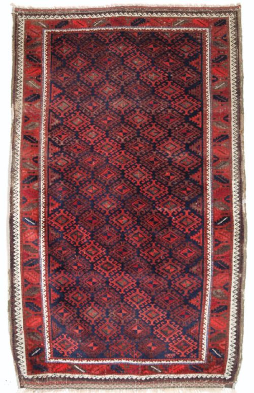 Antique Baluch Rug of Larger Than Normal Size, Latch Hook Medallion Lattice Design, Circa 1880.