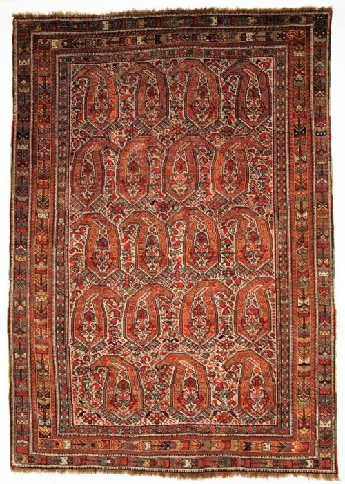 Antique Nomadic Tribal Khamseh Rug with Boteh Design, Circa 1880.