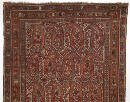 fig 1. ANTIQUE NOMADIC TRIBAL KHAMSEH RUG WITH BOTEH DESIGN, CIRCA 1880.