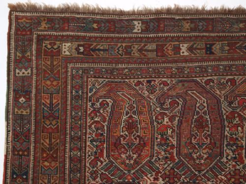 fig 2. ANTIQUE NOMADIC TRIBAL KHAMSEH RUG WITH BOTEH DESIGN, CIRCA 1880.