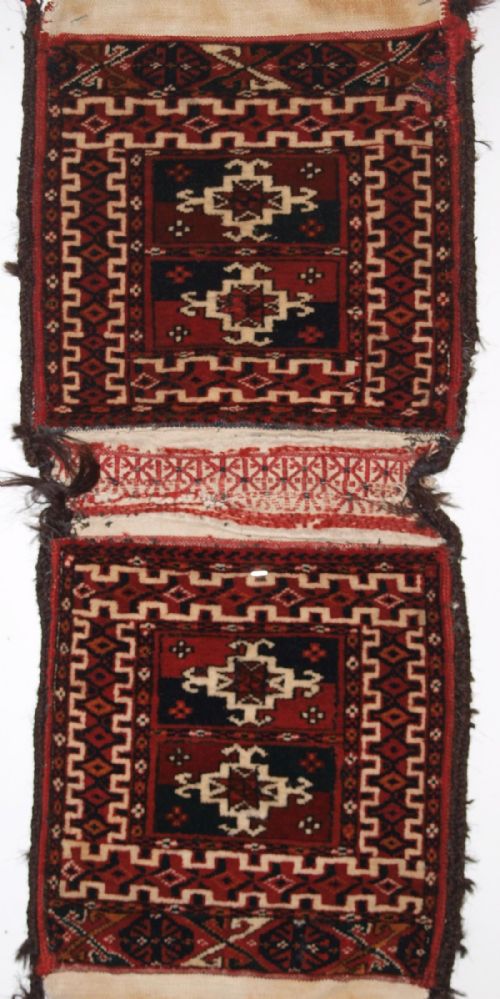 fig 1. ANTIQUE COMPLETE PAIR OF VERY SMALL TEKKE TURKMEN KHORJIN (SADDLE BAGS), OUTSTANDING CONDITION, CIRCA 1900.