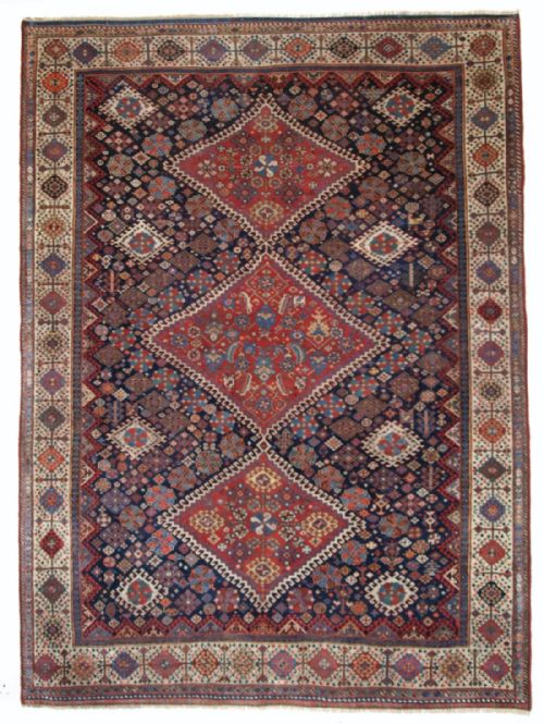 Antique Qashqai Rug, Shekarlu Border, Triple Medallion, Superb. Circa 1860.