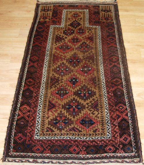 Antique Baluch Prayer Rug, Camel Ground with Interesting Design, Circa 1900.