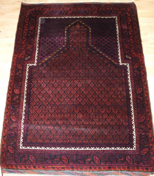 Old Baluch Prayer Rug, Timuri 'Dokhtar-e-qazi' Design, Wool with Silk Highlights, Circa 1920/30.