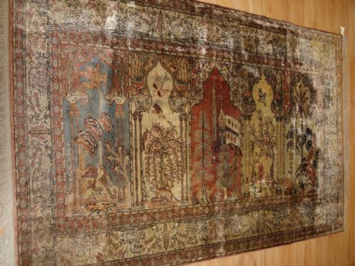 Old Turkish Kayseri 'Art Silk' Rug, Prayer Saf Design, Birds & Animals, Circa 1920.