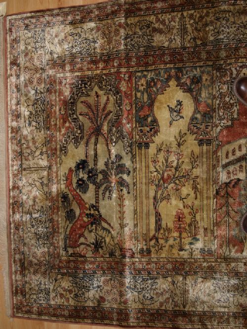 fig 1. OLD TURKISH KAYSERI 'ART SILK' RUG, PRAYER SAF DESIGN, BIRDS & ANIMALS, CIRCA 1920.