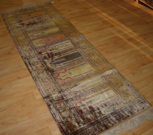 Old Turkish Kayseri 'Art Silk' Rug, Prayer Saf Design, Runner, Circa 1920.