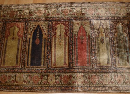 fig 2. OLD TURKISH KAYSERI 'ART SILK' RUG, PRAYER SAF DESIGN, RUNNER, CIRCA 1920.