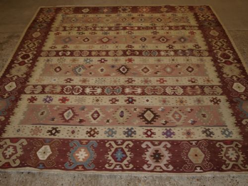 Old Turkish Sarkoy Kilim Rug, Soft Colours, Banded Design, Square Shape, Circa 1920.
