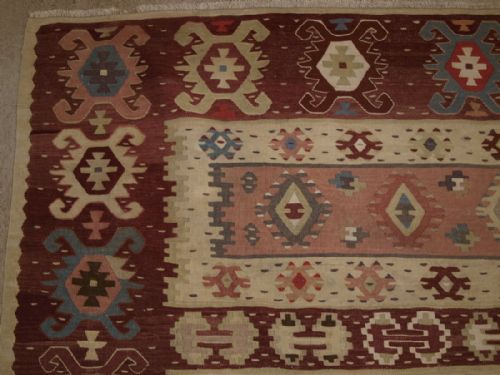 fig 1. OLD TURKISH SARKOY KILIM RUG, SOFT COLOURS, BANDED DESIGN, SQUARE SHAPE, CIRCA 1920.