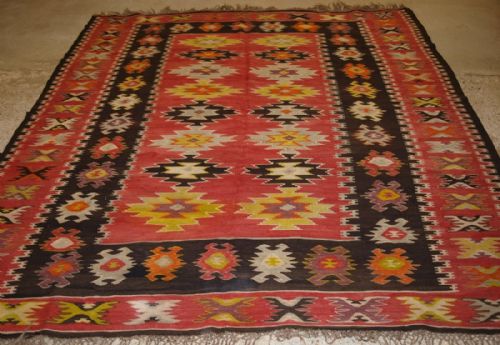 Old Turkish Sarkoy Kilim Rug, Soft Red Ground, Striking Design, Circa 1920.