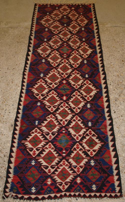 Old Turkish Adana Kilim Rug Runner, Traditional Village Design, Circa 1920.